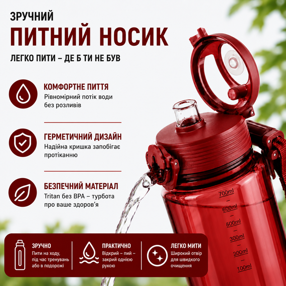 Бутылка для воды KANGZYUAN 700 мл Tritan спортивная, BPA Free, с герметичной крышкой, Красный | Зображення 3
