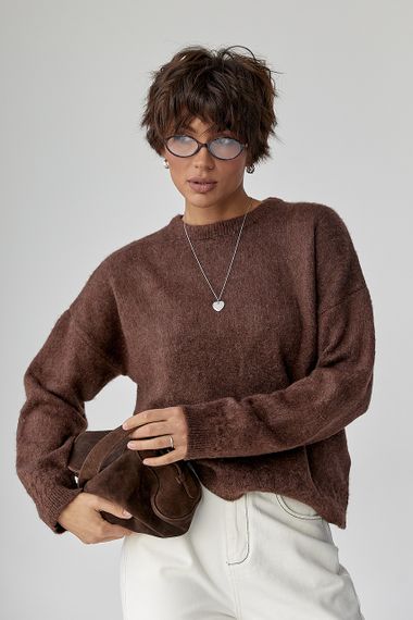 В'язаний теплий джемпер з візерунками косичок - коричневий цвет, ONE SIZE (є розміри)