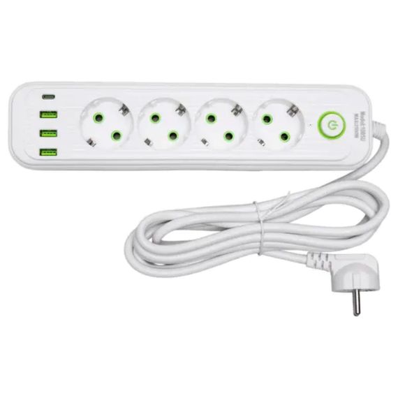 Мережевий фільтр-подовжувач 4 розетки 3xUSB-A 1xUSB-C 3м білий HP-5-37 | Зображення 1