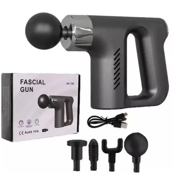 Массажер пистолет Fascial Gun KH-740 Чёрный с насадками мышечный портативный ручной для спины и тела | Зображення 4