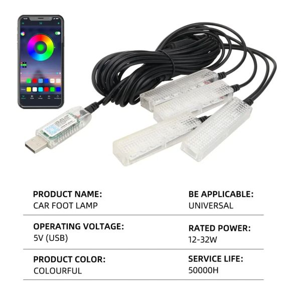 Автомобільна RGB-підсвітка салону з підтримкою програми 4 шт USB | Зображення 3