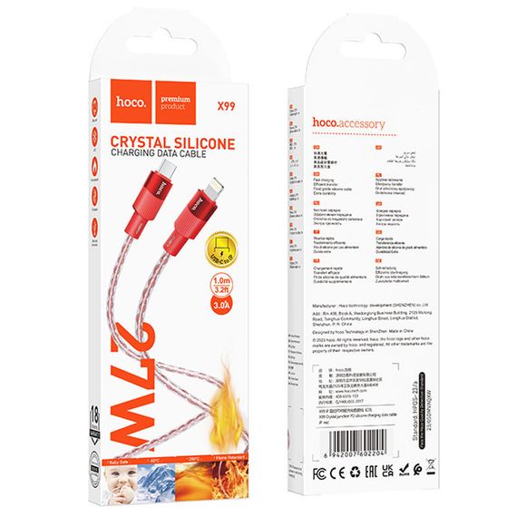 Дата кабель Hoco X99 Crystal Junction PD 27W Type-C to Lightning (1m) Red | Зображення 5