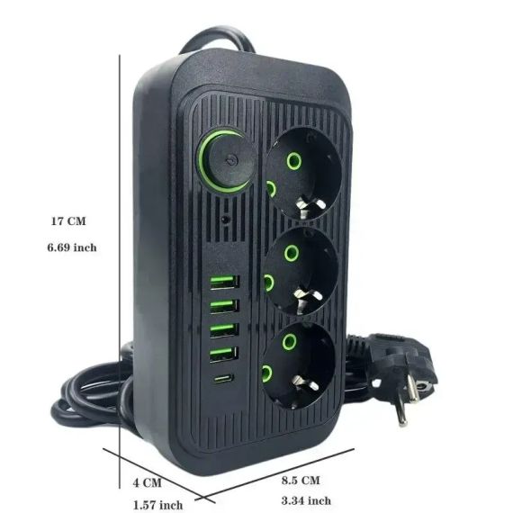 Сетевой фильтр питания UA Power Socket F09U 3 розетки +4USB +Type-C Port 2m, сетевой удлинитель розеток | Зображення 6