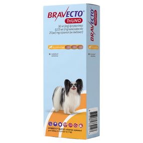 Таблетки від кліщів, бліх та глистів для собак 2.5-5 кг Bravecto TriUNO, 3 шт