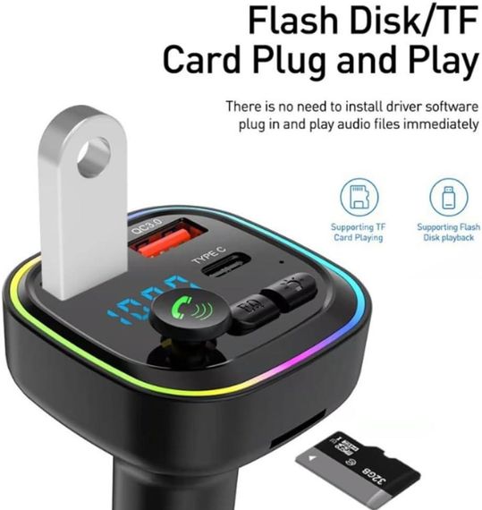 Автомобільний FM-передавач Bluetooth з швидкою зарядкою QC3.0, 2 USB та 1 Type-C | P4
