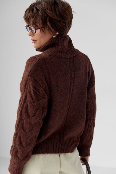 Теплий кардиган в косички на блискавці - темно-коричневий цвет, ONE SIZE (є розміри) | Зображення 1