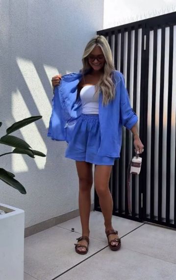 Женский летний костюм двойка шорты и рубашка лен бохо LY25026 цвет синий, размер 42/44 | Зображення 3