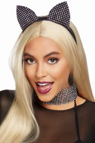 Гламурний набір «Кішка» зі стразами: чокер та вушка Leg Avenue Cat ear headband & choker set , Чорно-сірий, One Size