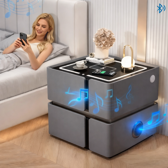 Умная прикроватная тумба SZXF01 с Bluetooth-колонкой, USB и сенсорной подсветкой, 2 выдвижных ящика, МДФ/экокожа, серая | Зображення 3