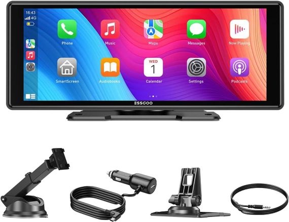 Автомобільний екран ESSGOO 10,26" монітор з CarPlay та Android Auto, дисплей з голосовим помічником, AUX, FM Карплей