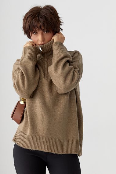 Однотонний в'язаний светр оверсайз із широкими рукавами - коричневий цвет, ONE SIZE (є розміри)