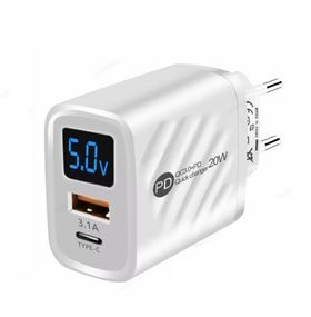 Заряное устройство 20W на 2 порта 1 -USB , 1-PD с экраном White