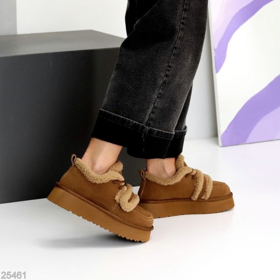 Трендовые теплые замшевые кроссовки-угги на липучке цвет Camel | Зображення 4