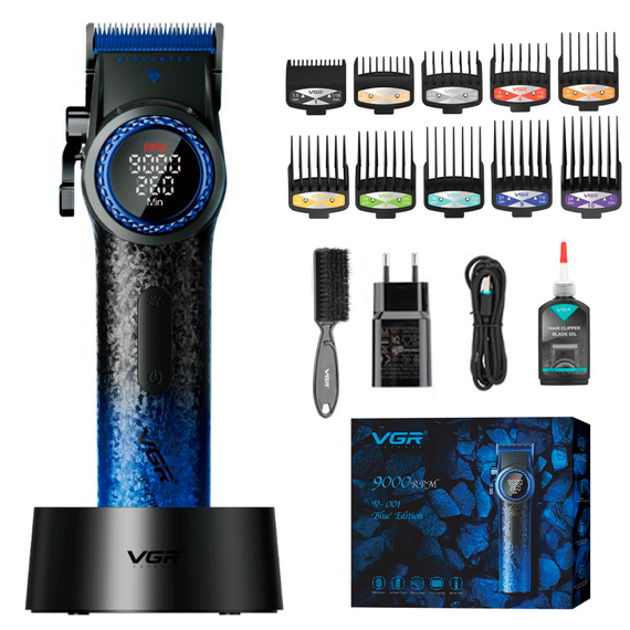 Аккумуляторная машинка для стрижки VGR V-001 BLUE, 10 насадок, 9000 RPM, 4600 mAh, LED дисплей