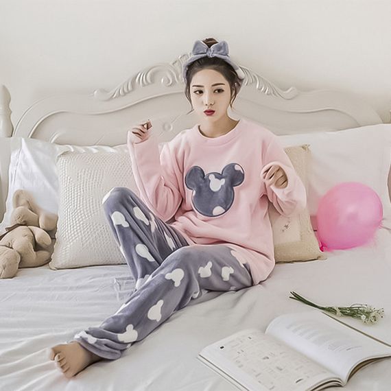 Женская пижама Lesko Mickey Mouse Pink + Gray L теплая зимняя для дома | Зображення 5