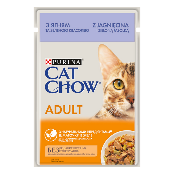 Вологий корм для дорослих котів Purina® Cat Chow® Adult ніжні шматочки в желе з ягням та зеленою квасолею 85 г 85 г