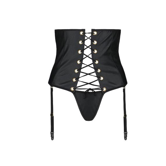 Пояс-корсет з екошкіри Passion CELINE SET L/XL, black, шнурівка, знімні пажі для панчіх, стрінги | Зображення 4
