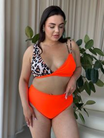 Роздільний помаранчевий купальник PLUS SIZE з високими плавками та лео принтом