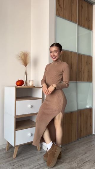 Платье MAXI длинное приталенное с разрезом бежевая 🖤🔥 | Зображення 4
