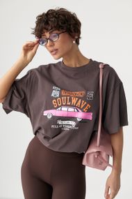 Футболка вільного фасону  із принтом авто - коричневий цвет, ONE SIZE (є розміри)