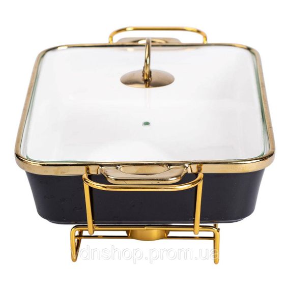 Марміт порцелянаовий із скляною кришкою 40х22.5х15.5 см на металевій підставці 2 л Чорний HTJ-1003 | Зображення 2