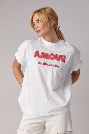 Футболка oversize с надписью Amour - белый цвет, S (есть размеры)