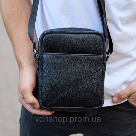 Чоловіча барсетка через плече, зернистая кожа 20х16х6, месенджер для міста, сумка для телефону та документів, чорна | Зображення 3