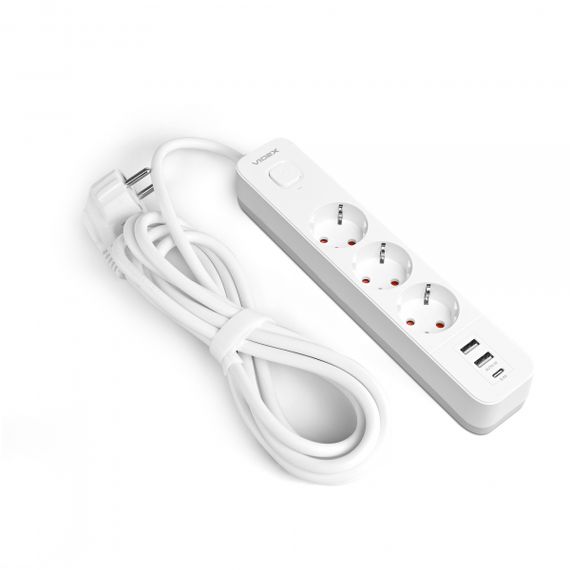 Мережевий подовжувач VIDEX ONCORD з/з 3п 3м (3x1.5мм) 2.4А 2USB+USB-C з кнопкою White | Зображення 1