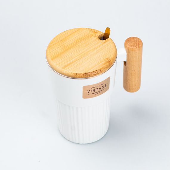 Чашка керамическая с ложкой и бамбуковой крышкой 400 мл Белая | Зображення 2