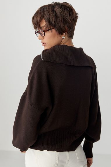 Трикотажний вільний кардиган на блискавці - темно-коричневий цвет, ONE SIZE (є розміри) | Зображення 1