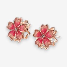 Серьги-гвоздики Сакура с белым фианитом, холодная эмаль, покрытие розовое золото, 1 см