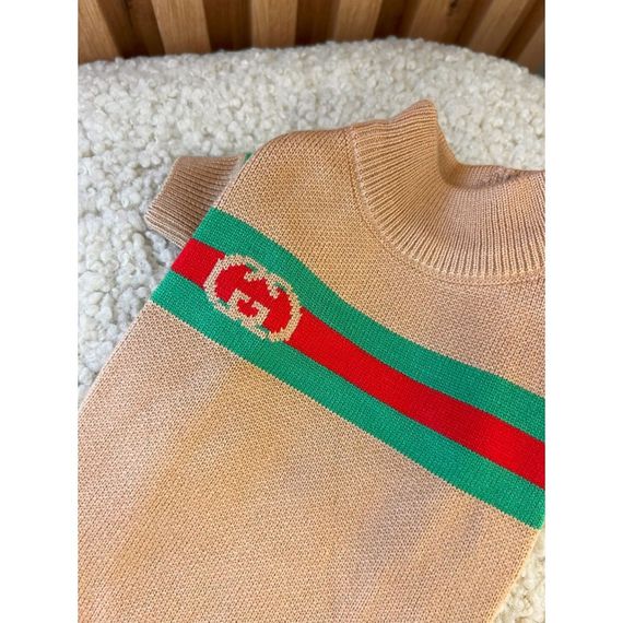 Брендовый свитер для собак GUCCI с зелено-красной полосой, бежевый | Зображення 1