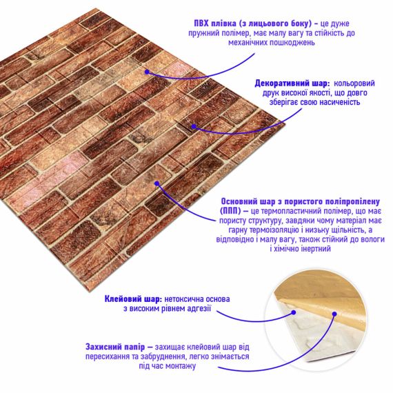 Самоклеюча декоративна 3D панель під коричневу цеглу катеринослав 700х770х5мм (179) SW-00000248 | Зображення 1