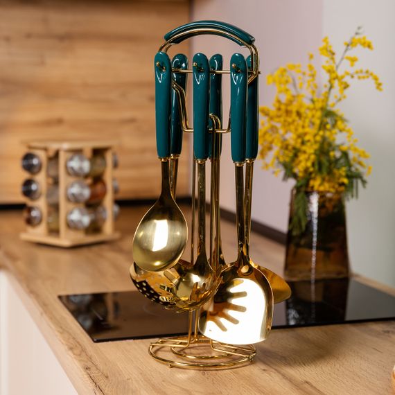 Набор кухонных принадлежностей на подставке 7 предметов кухонные аксессуары на подставке Изумрудный HP-20-67 | Зображення 5