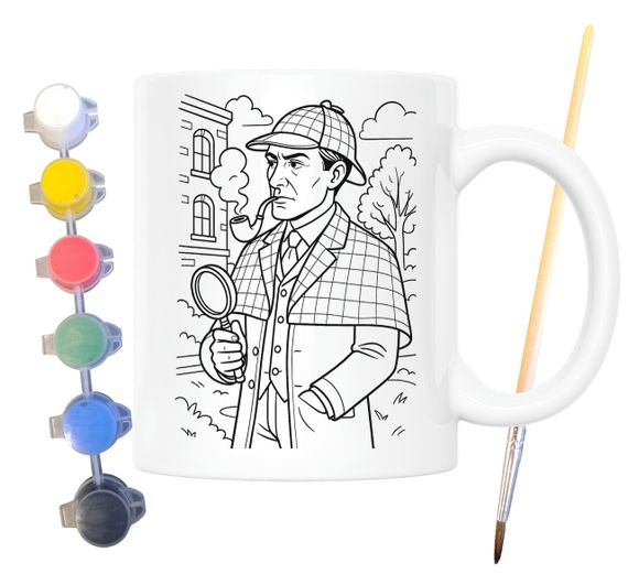 Набір для творчості кружка розмальовка за мотивами Шерлок Холмс (Артур Конан Дойл) 330 мл біла (КР0171) | Зображення 1