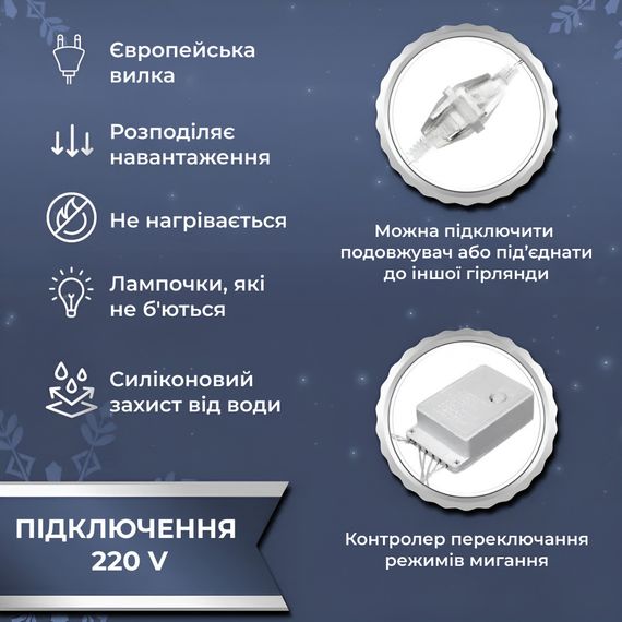 Гірлянда Водоспад 3х2 м 210 LED (480 L) лампочок світлодіодна прозорий дріт 10 ниток 8 режимів Білий 1733047W | Зображення 2