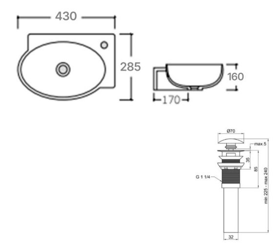 Комплект Qtap Leo: Раковина підвісна овальна права 430x285x160 мм White + Донний клапан PU02O (QT11115011RWN47333) | Зображення 1