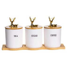 Набор фарфоровых банок для сыпучих на подставке 3 шт по 400 мл для чая кофе сахара SCT-652