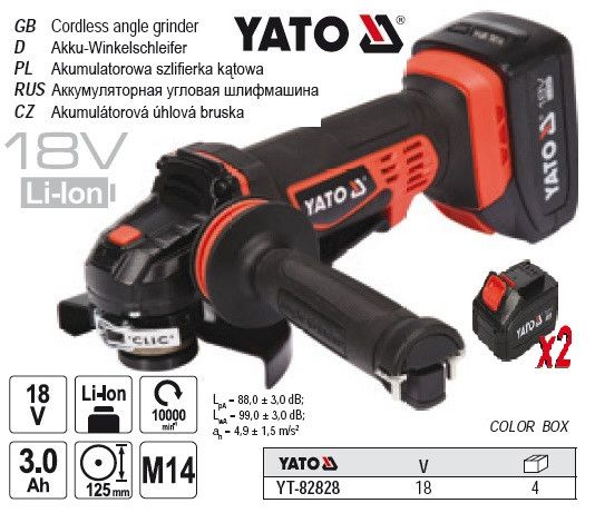 Шліфмашина кутова акумуляторна YATO Польща 18 Ø=125 мм YT-82828