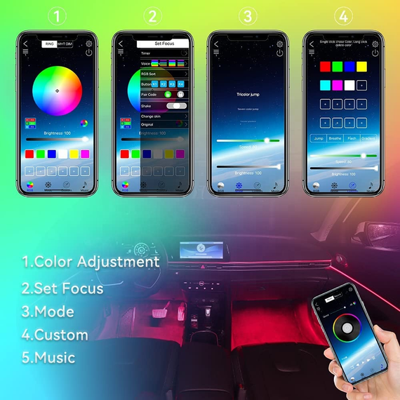 Автомобильная светодиодная ЛЕД подсветка RGB в салон автомобиля, Bluetooth управление | Зображення 2