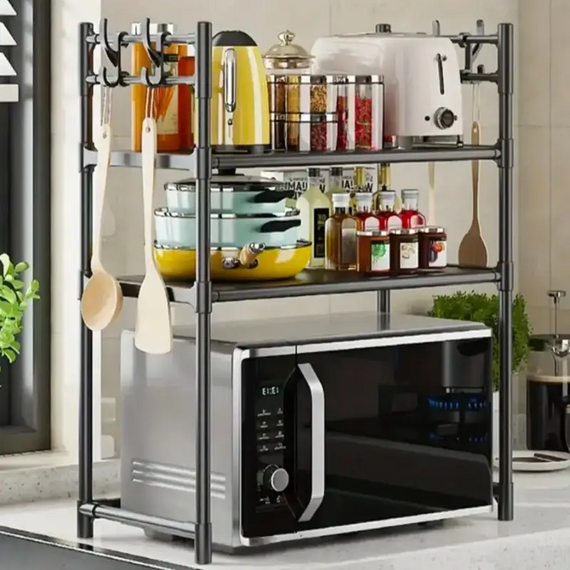 Багатофункціональна полиця для мікрохвильовки Чорна 59.5 × 50 × 33 см, для кухонного приладдя, баночок із приправами | Зображення 2
