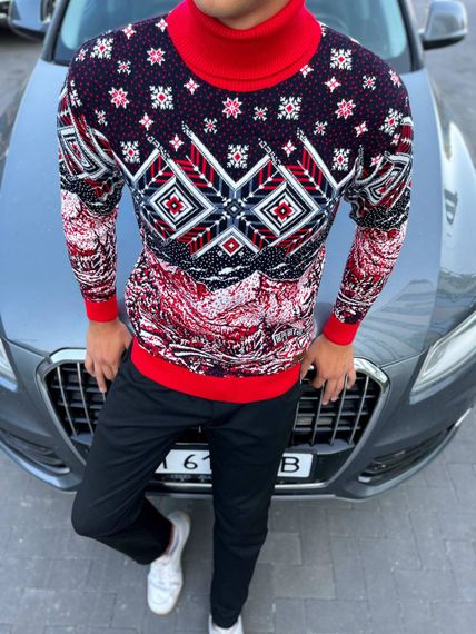 Мужской новогодний свитер с узорами PA2654 цвет красный, размер L
