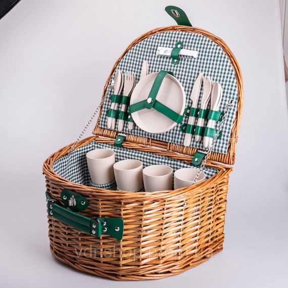 Кошик плетений для пікніка з посудом на 4 персони 41х31х22 см набір посуду туристичний для кемпінгу HP-ZQ-2 | Зображення 1