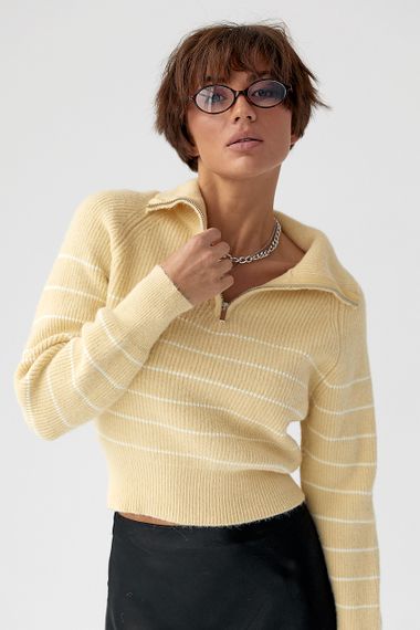 Короткий в'язаний светр у смужку із блискавкою на горловині - лимонний цвет, ONE SIZE (є розміри)