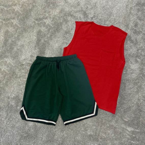 Мужской летний костюм майка и шорты BD0037 цвет красный + зеленый, размер S | Зображення 1