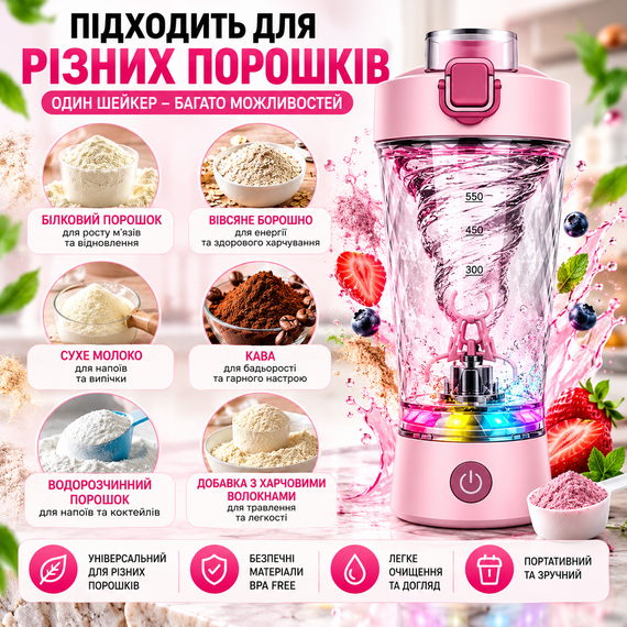 Електричний шейкер 650 мл рожевий акумуляторний для протеїну з LED-підсвічуванням USB Type-C та контейнером для порошку | Зображення 6