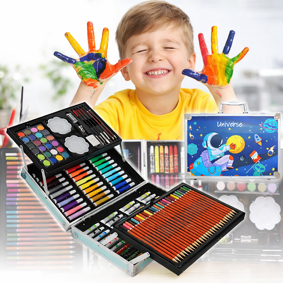 Набор для творчества Космонавт 145шт предметов алюминиевый чемодан синий / Детский набор для творчества / Набор художника