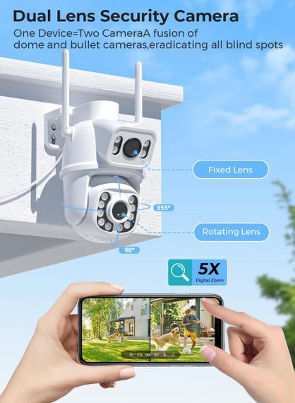 Камера відеоспостереження ANBIUX зовнішня поворотна розумна WiFi, два об’єкти, автотрекінг, кольорове нічне бачення, Alexa | Зображення 1