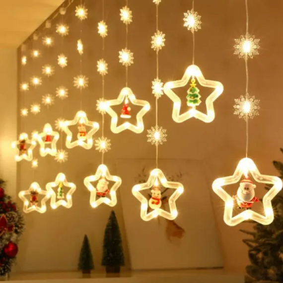 Гірлянда штора 'Фігурки в зірці' 3 м USB (Олка, Сніговик, Дід Мороз, Олень, Шапка) Тепле біле світло знижка | Зображення 1