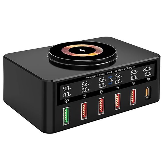 Зарядная док станция Addap MCS-818H, скоростное зарядное устройство на 5 USB-A+1 Type-C порт, с беспроводной зарядкой, PD, QC, 100W | Зображення 1